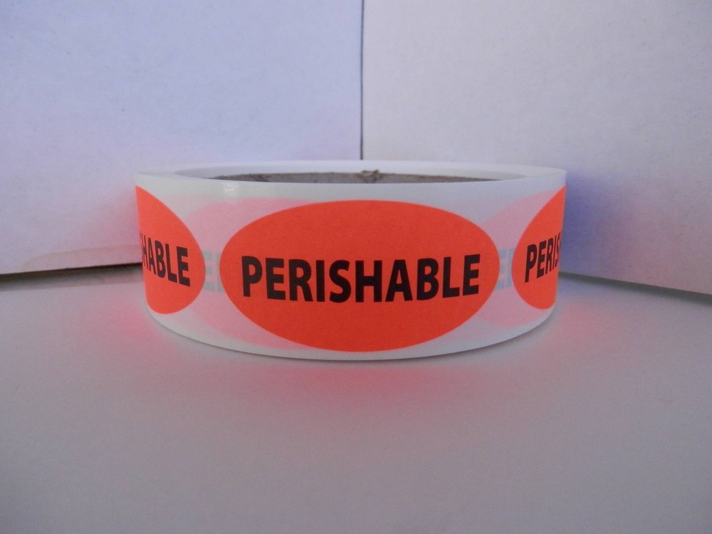 PERISHABLE 1x2 oval fluorescent red stickers labels 250/rl