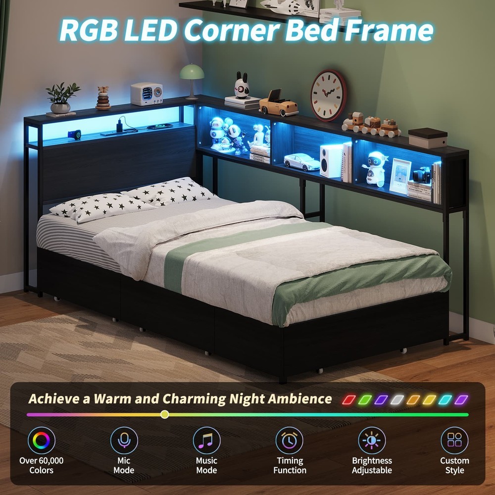 Corner Twin Bed Frame with 3 Storage Drawers, Bed Frame with LED & Charging