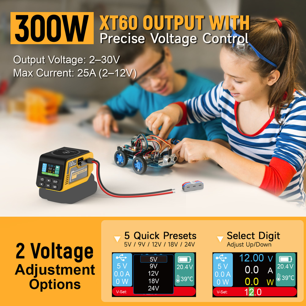 300W Adjustable Voltage Regulator Compatible with Dewalt 20V Battery, DC 2-30V