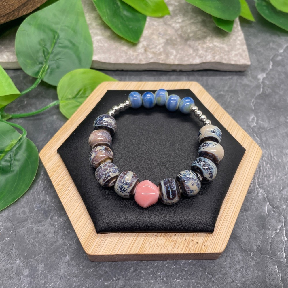 Handmade Ceramic Bead Beaded Stackable 6.25” Plus Stretch Bracelet New B610