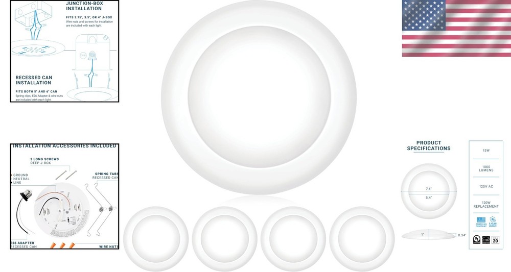 Stylish 4 Pack 15W Dimmable LED Disk Lights - Water Resistant & Easy Install