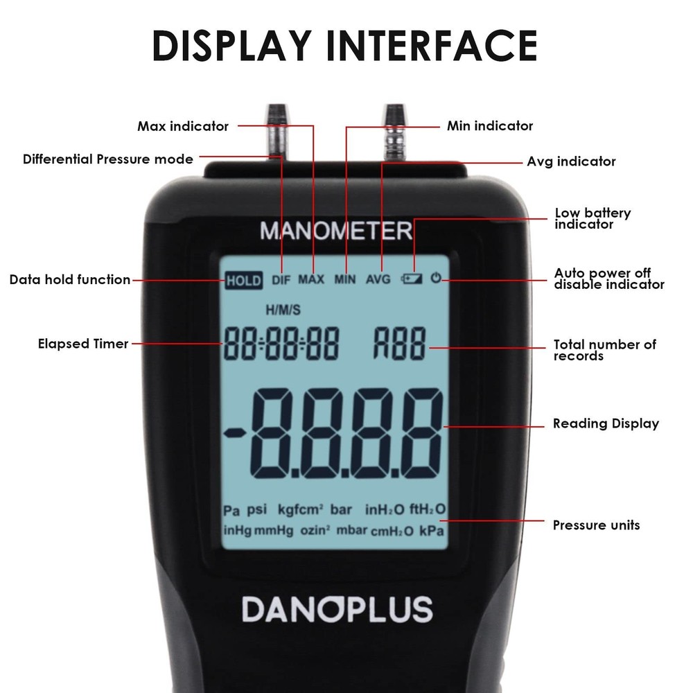 Manometer Digital Manometer Gas Pressure Tester Professional 12 Selectable Un...