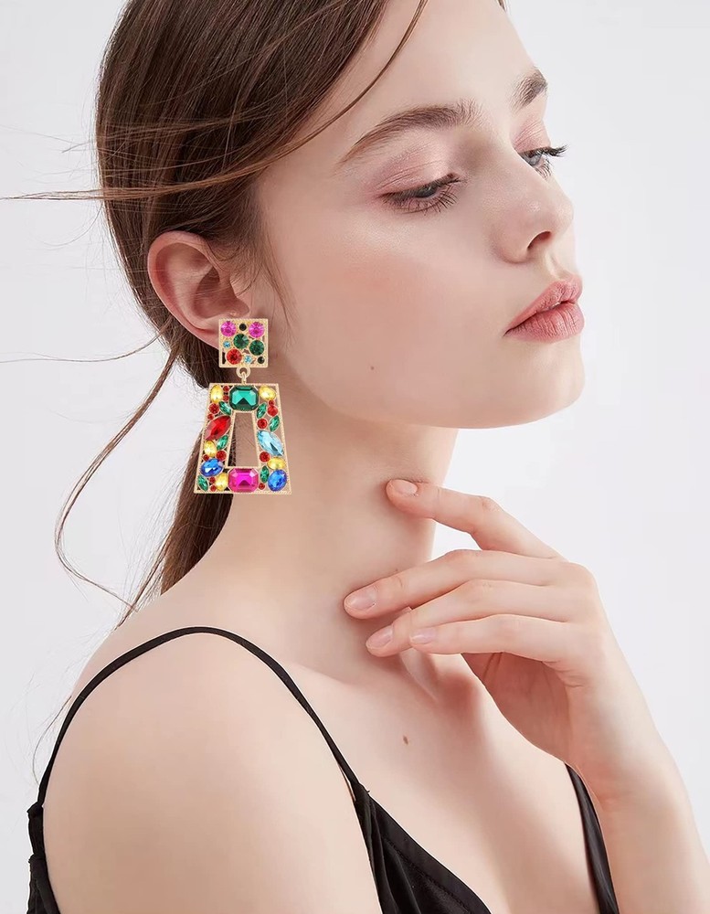 Elegant Rhinestone Rectangle Dangle Earrings Trendy Geometric Drop Statement ...