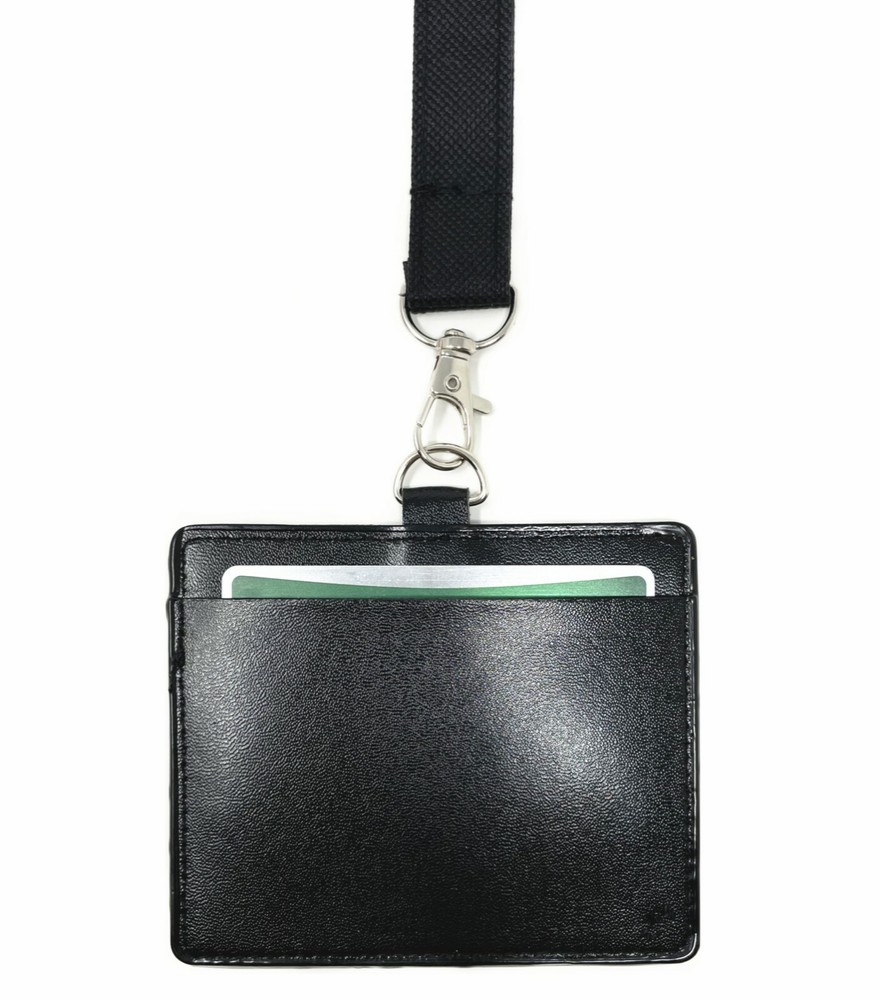 Polyester Fabric Solid Neck Lanyard with horizontal leather ID badge holder