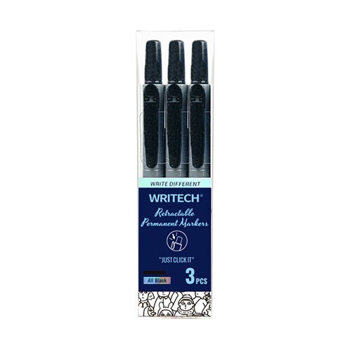 WRITECH Retractable Refillable Perm. Markers Black 3/Pk School Office Crafts