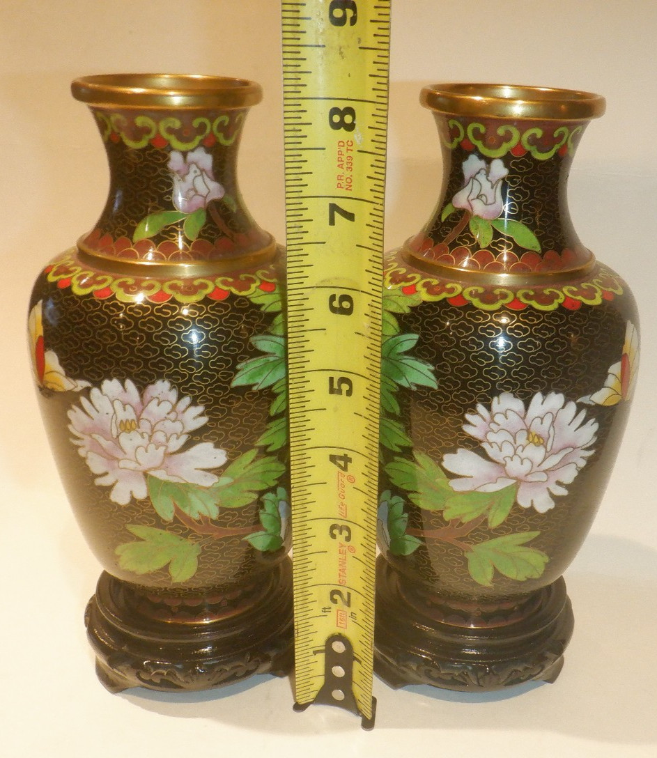 Pair of Vintage Cloisonne' Brass & Enamel Chinese Floral Vases w/Wood Stands
