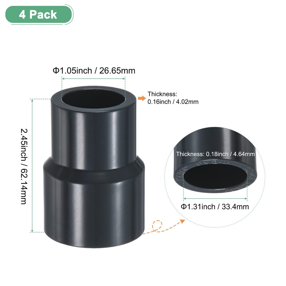 4-Pack UPVC Reducer Pipe Fitting, 1"*3/4" Reducing Coupling Connector, Grey