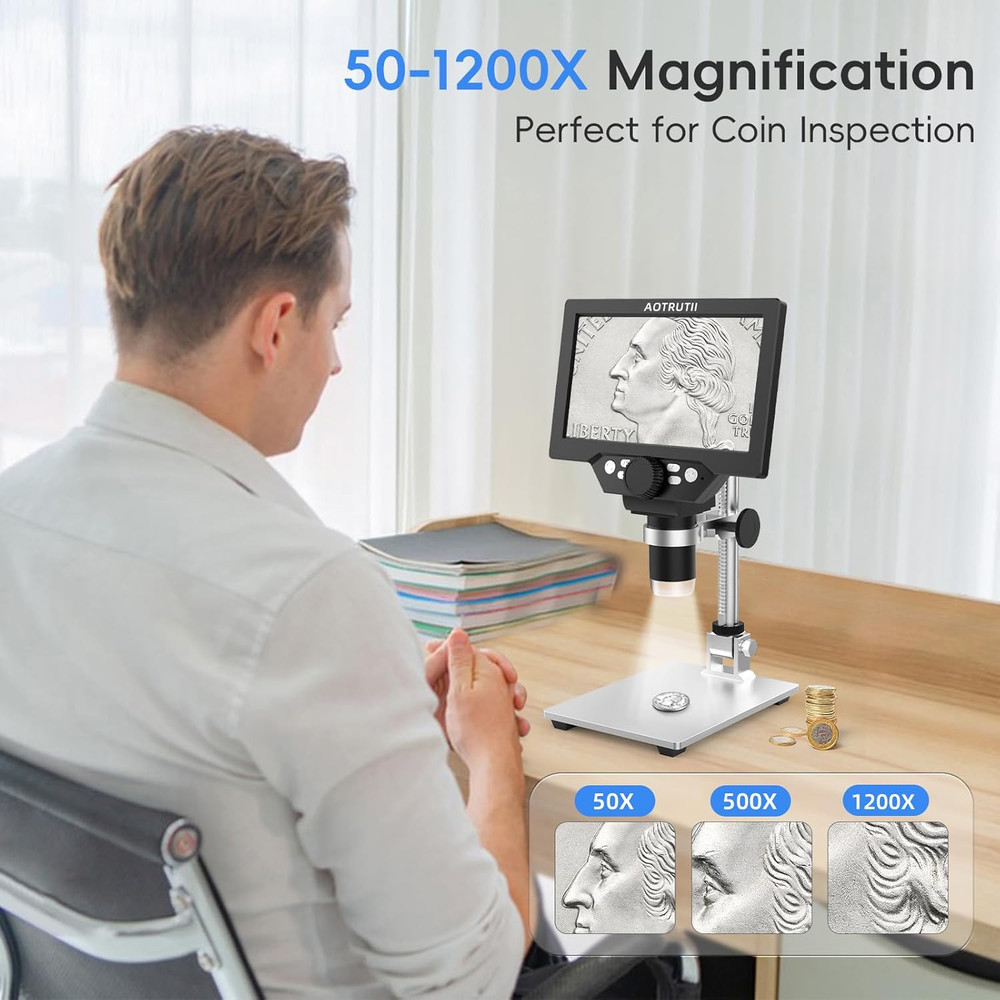 7" LCD Digital Microscope 1200X Magnification, 1080P Coin Microscope with Metal
