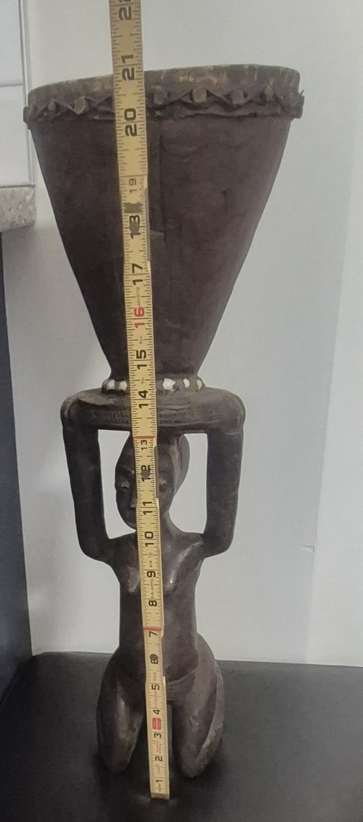 African Luba Female Wood Statue With Drum 21"H 7.5"W