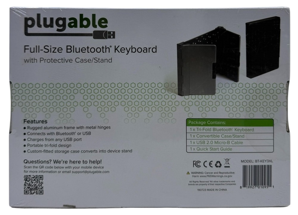Plugable Wireless Full-Size Bluetooth Keyboard Gray BT-KEY3XL SEALED