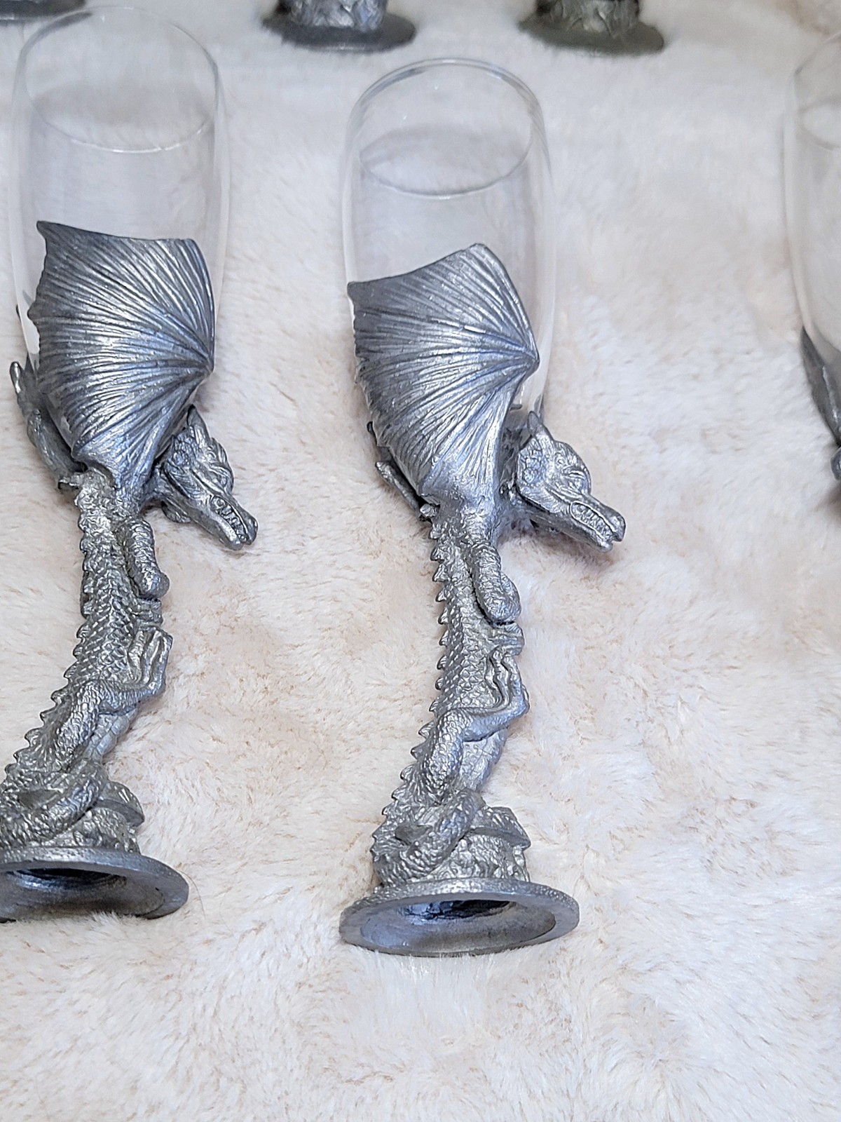 Set of 6 Solid Heavy Fantasy Pewter Dragon Champagne Glass Flute 8" D&D Gothic