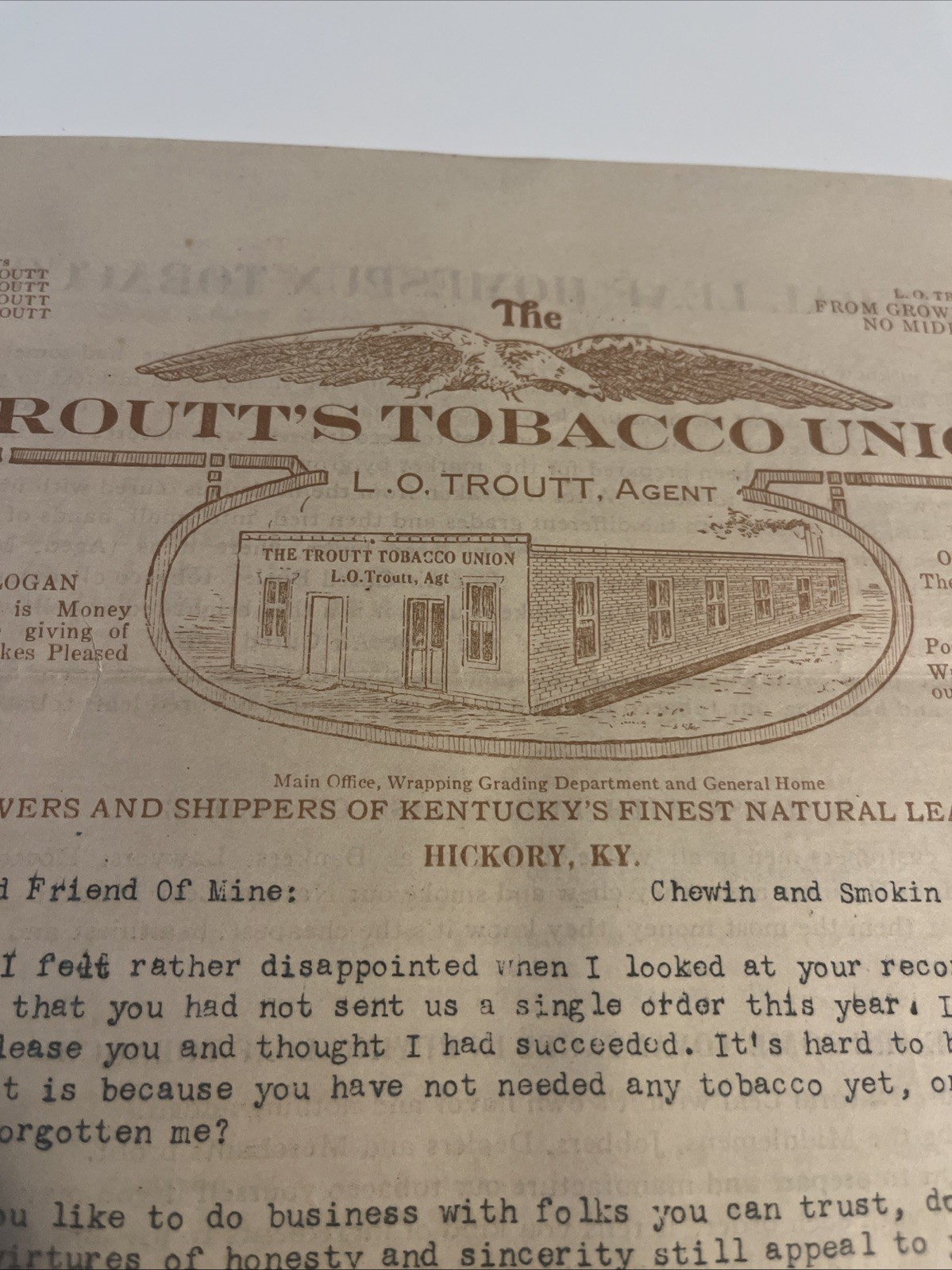 1920s letter from L.O. Troutt of Troutt's Tobacco Union To Long Lost Customer