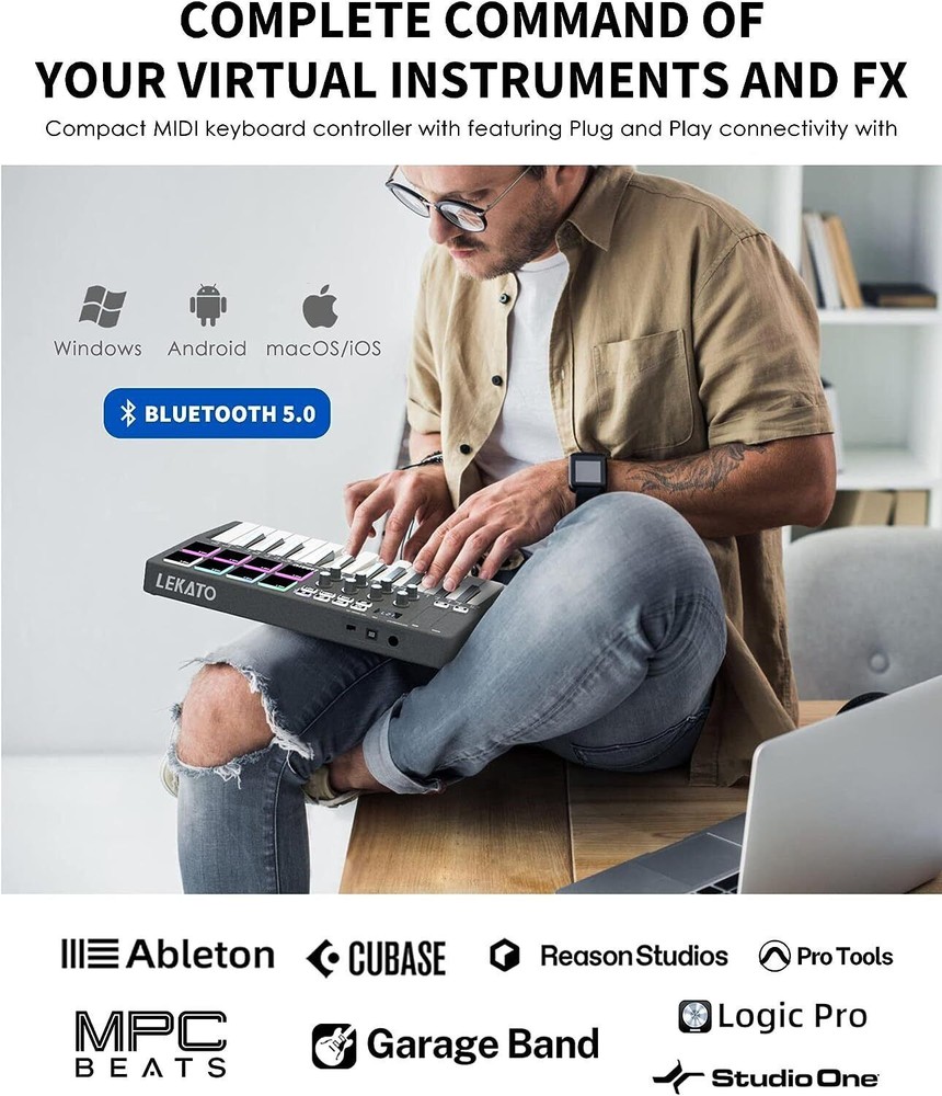 LEKATO USB 25 Key MIDI Keyboard Controller Bluetooth 8 RGB Backlit Trigger Pads