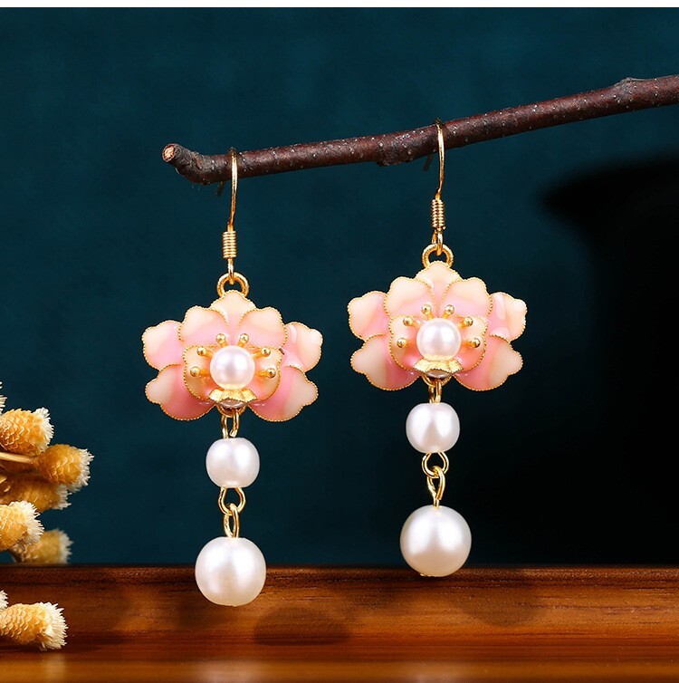 Enamel Pearl Drop Dangle Earrings Boho Flower Dainty Gemstone 18K Gold Plated