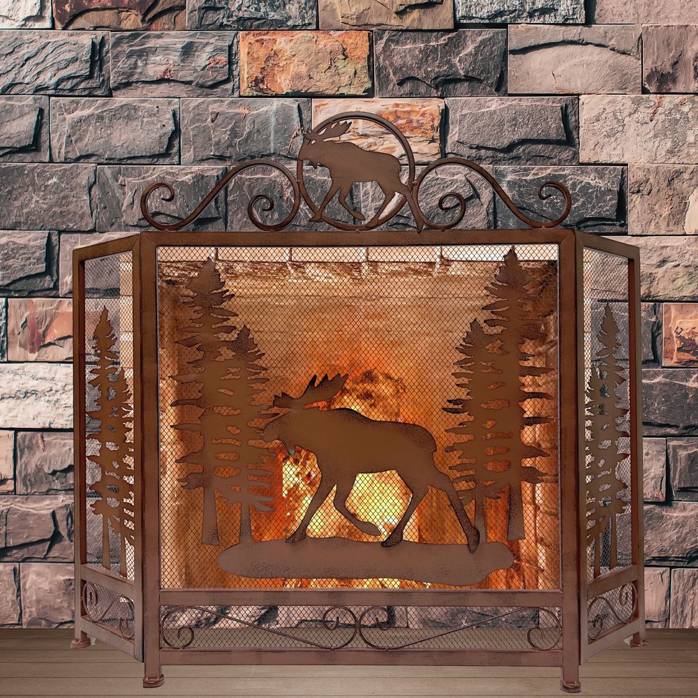 3-Panel Fireplace Screen with Moose in the Forest Design