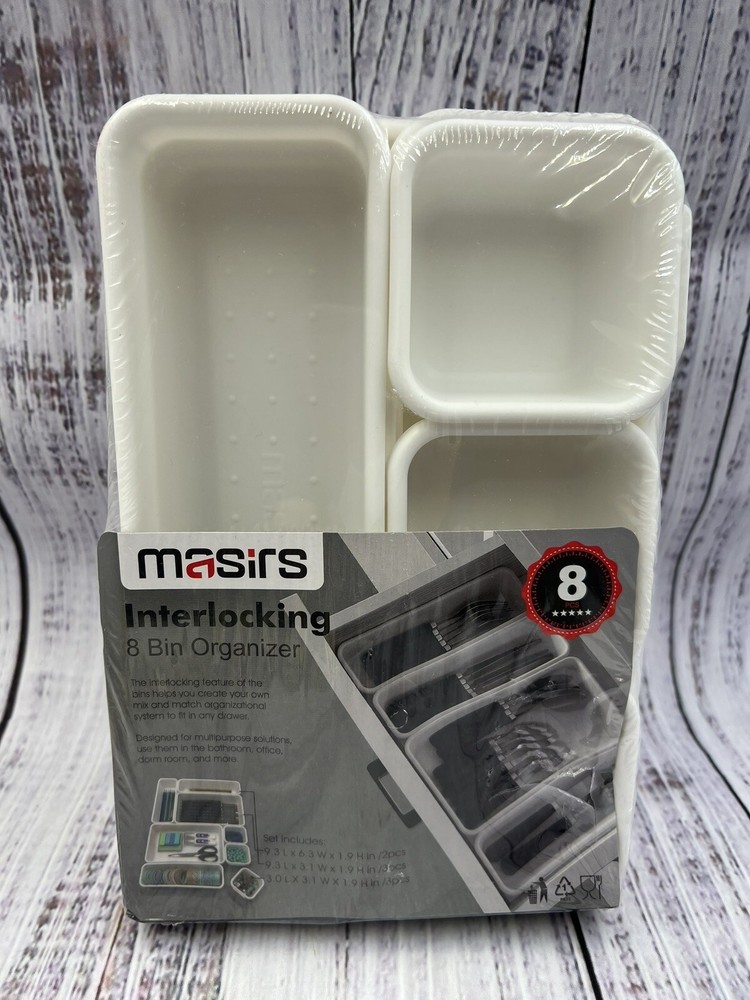 Interlocking 8 Bin Organizer - Durable Plastic - Interlocking Feature - White