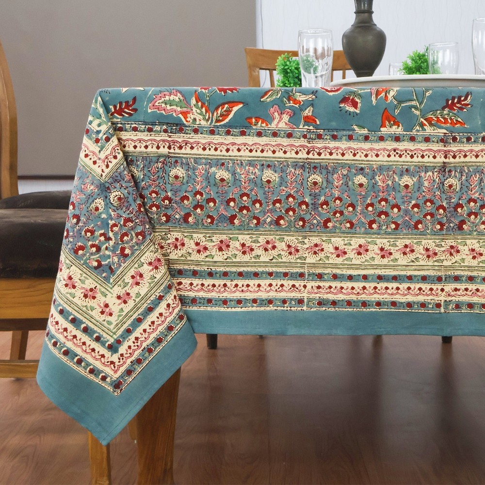 Blue & Green, Floral Block Printed Table Cover, Rectangular Christmas Tablecloth
