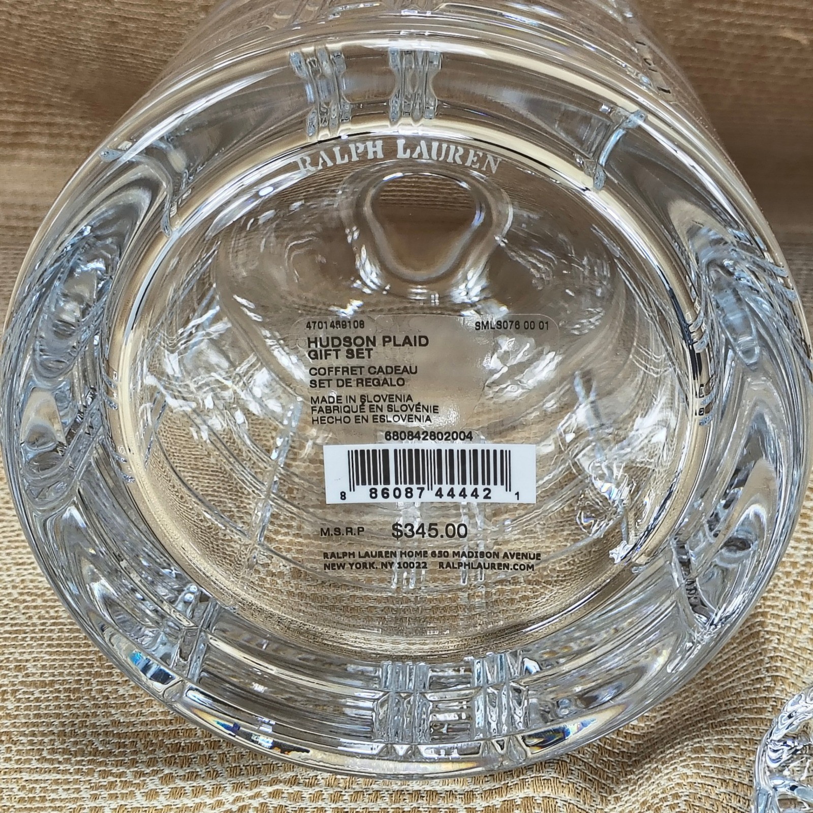 Ralph Lauren Hudson Plaid Crystal Decanter and 2 Glasses Gift Set