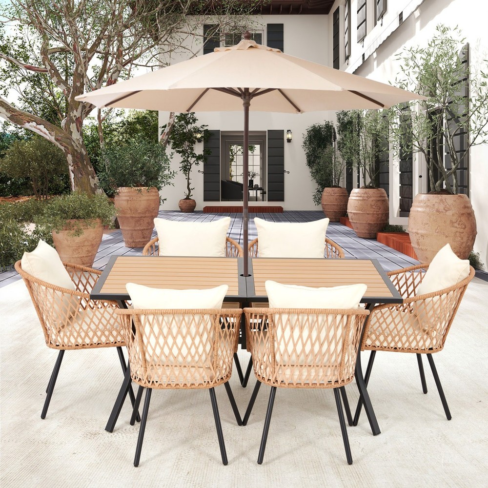 6 Rattan Chairs Outdoor Dining Set Rectangular Table for Garden Poolside