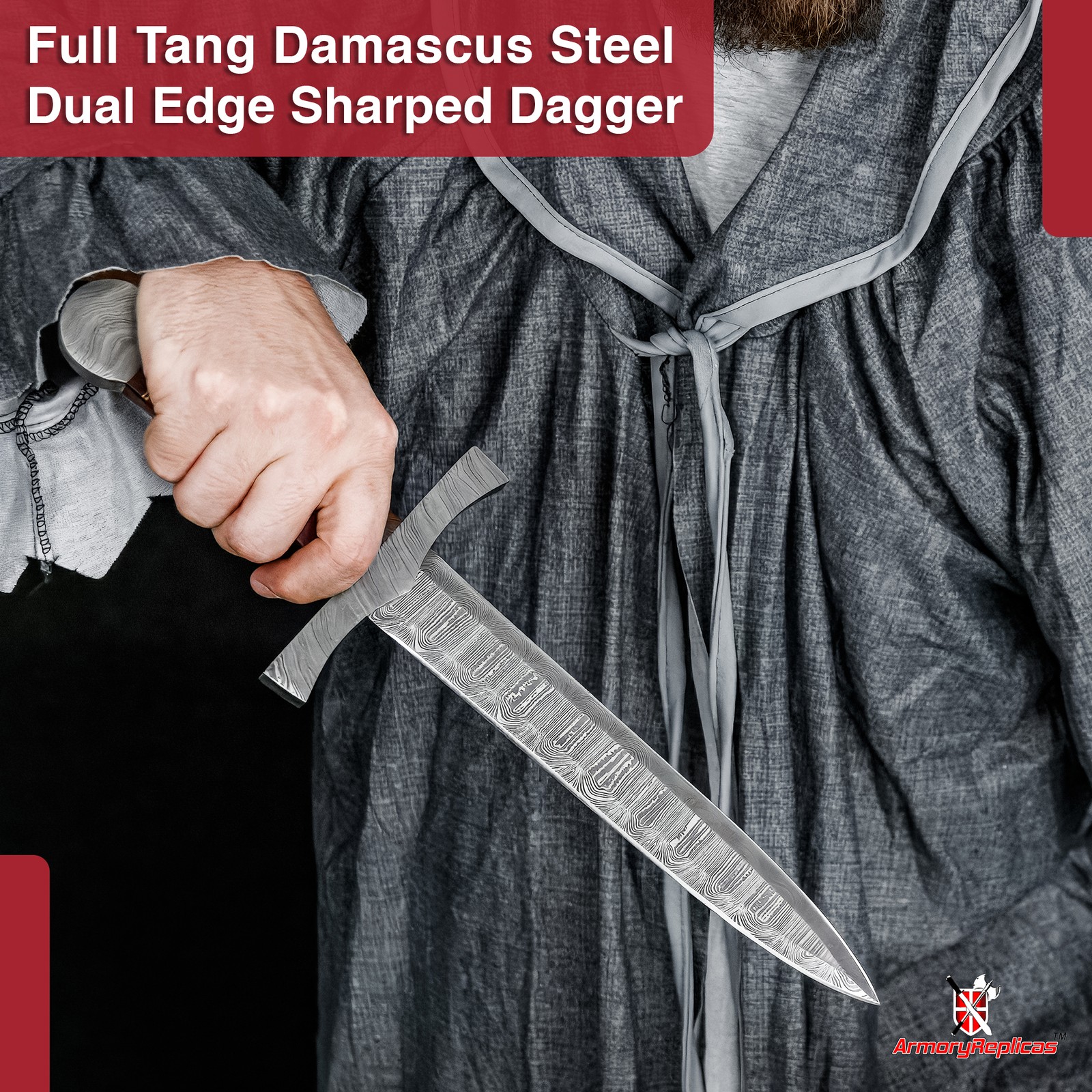 Damascus Steel Arming Dagger Full Tang Short Sword Sheesham Wood Brass w/ Sheath