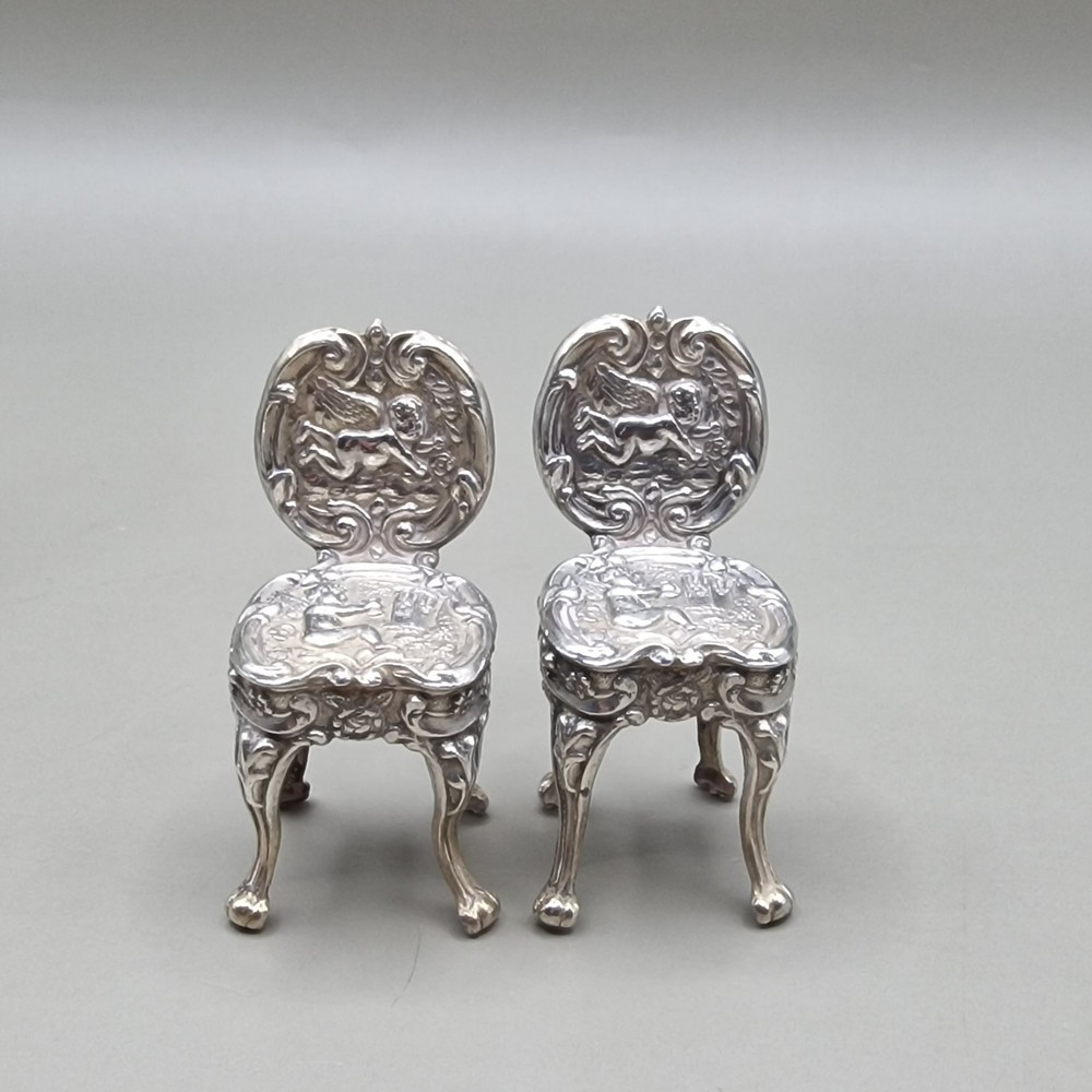 Vintage Solid Silver Miniature Dollhouse Table & Two Cherub Chairs