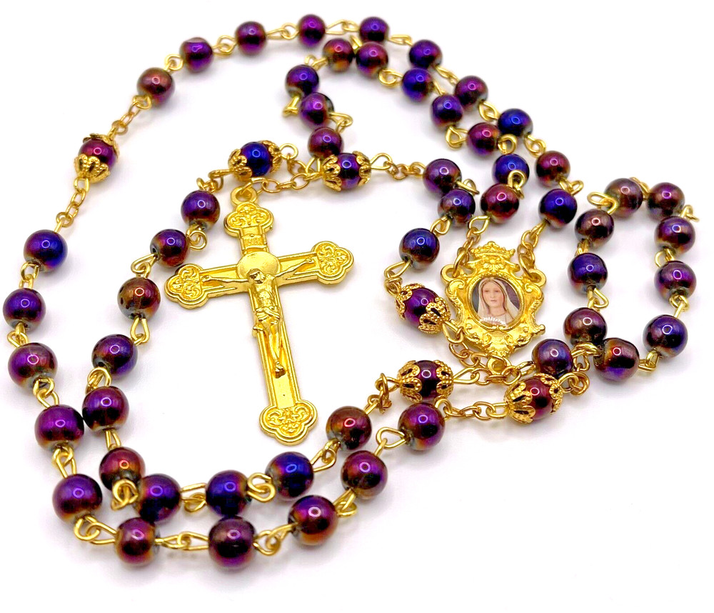 Purple & Gold Toned Rosary Virgin Mary Center Capped Our Father Beads