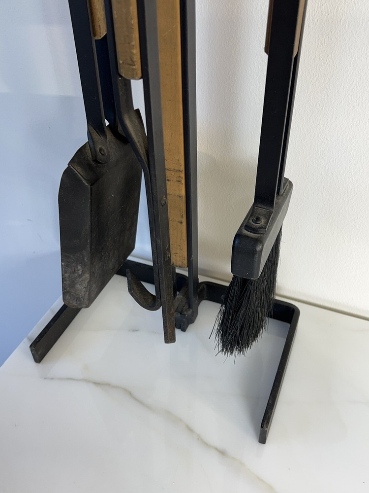 Mid Century Iron & Wood Fireplace Tool Set