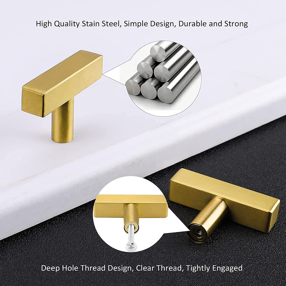 20 Pcs Gold Brass Brushed Square Modern Cabinet Handles Pulls Kitchen Hardware
