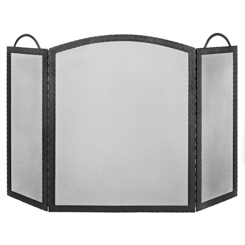 Dagan Three Fold Black Wrought Iron Arched Fireplace Screen, Black