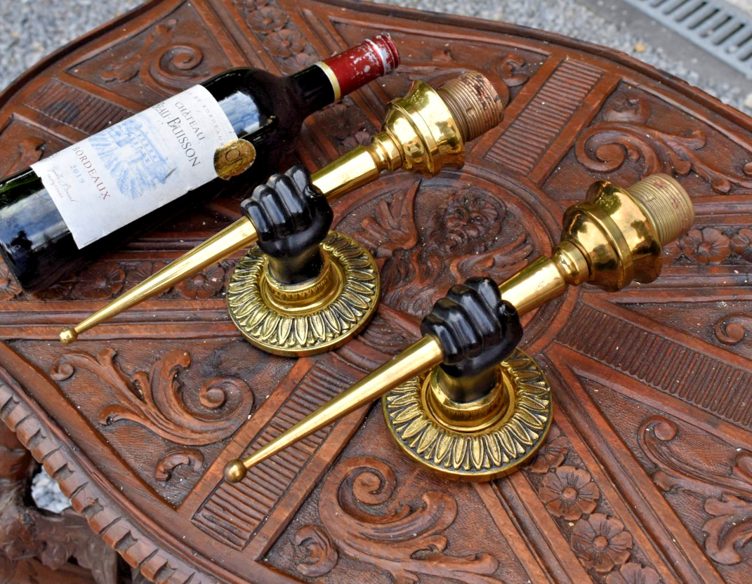 PAIR hollywood regency  Bronze hand  wall lights sconces maison charles 70s