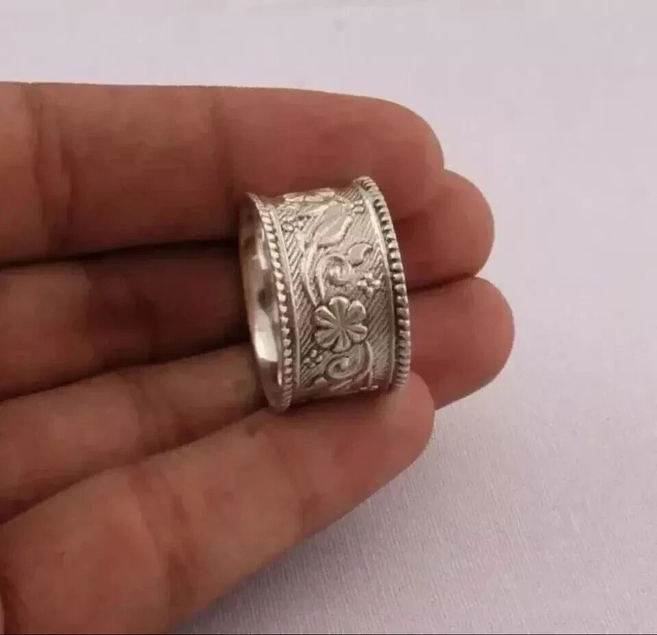 Solid 925 Sterling Silver Wide Flower Band Ring Statement Handmade Ring All Size