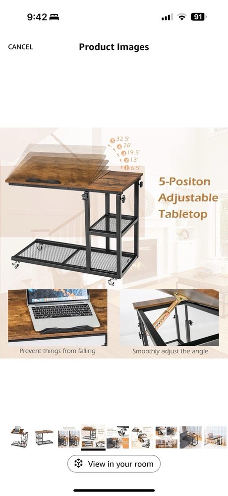 Tangkula Height Adjustable C Shaped End Table With Locking Wheels