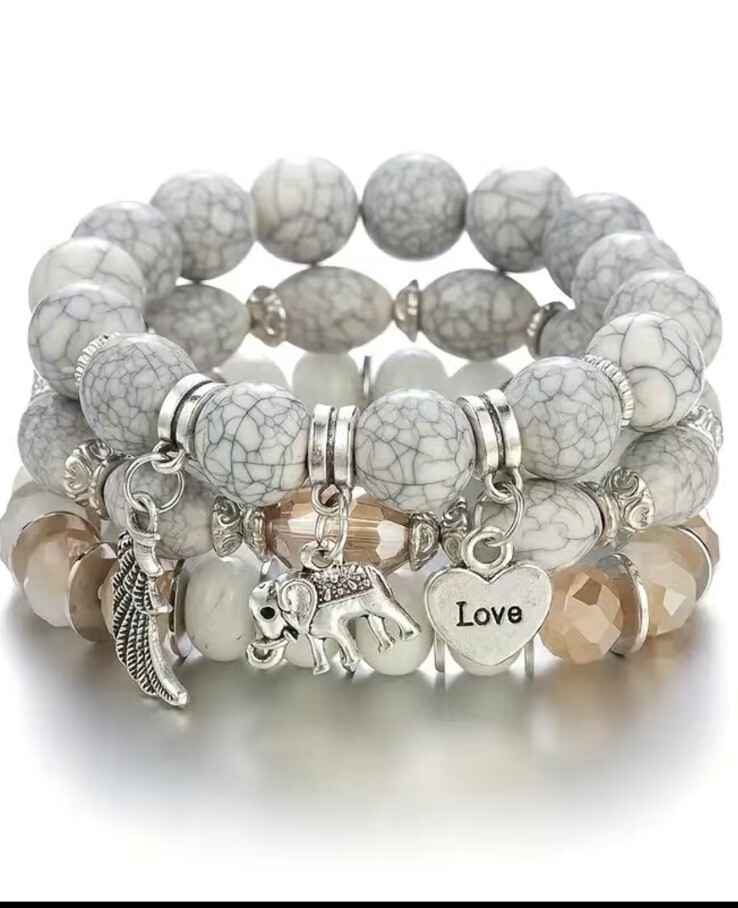 3 PC Handmade Boho Beaded Stackable 6.5” Plus Stretch Bracelet Set New A3856