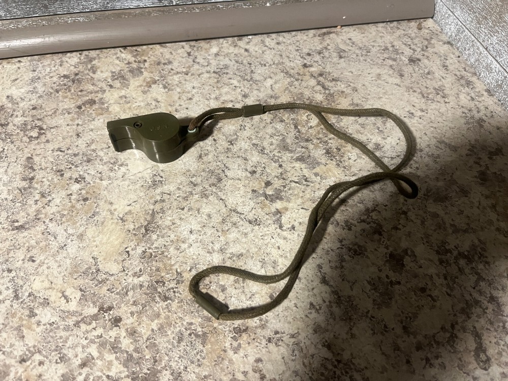 Vintage WW2 Era U.S. Navy OD Plastic Whistle with Green Lanyard Works!