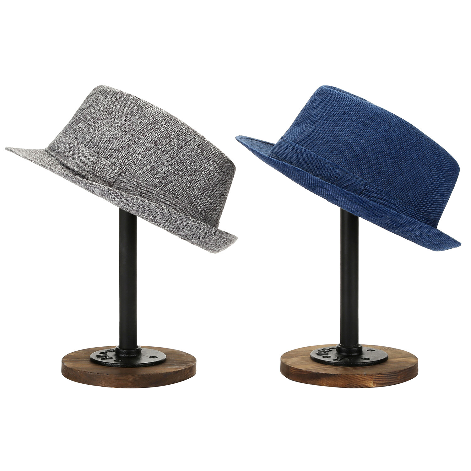 Industrial Metal Pipe and Rustic Burnt Wood Tabletop Hat Wig Stand, Set of 2