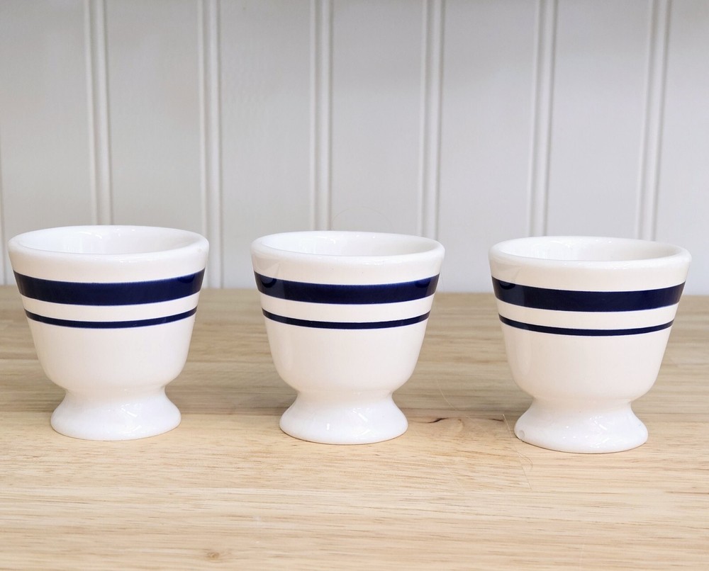 3 Easter Egg Cup Holder Decor Earthenware Blue Stripes Porcelain Collectible