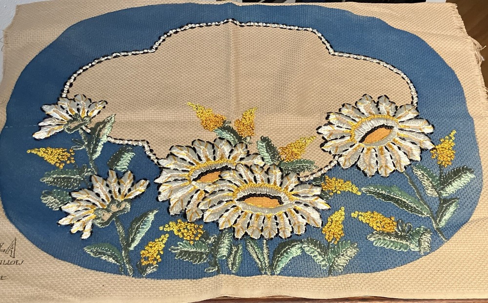 Bucilla Needlepoint Pillow Partially Complete Oval Flowers 21.5”