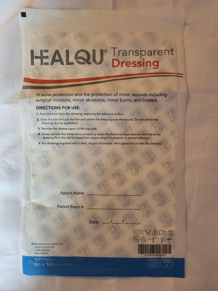 NEW- Sealed: Healqu Rectangular Transparent Sterile Dressing 8" x 12" G