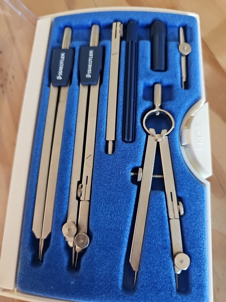 Vintage Staedtler Drafting Compass Set 7 Pieces w/ Plastic Storage Case