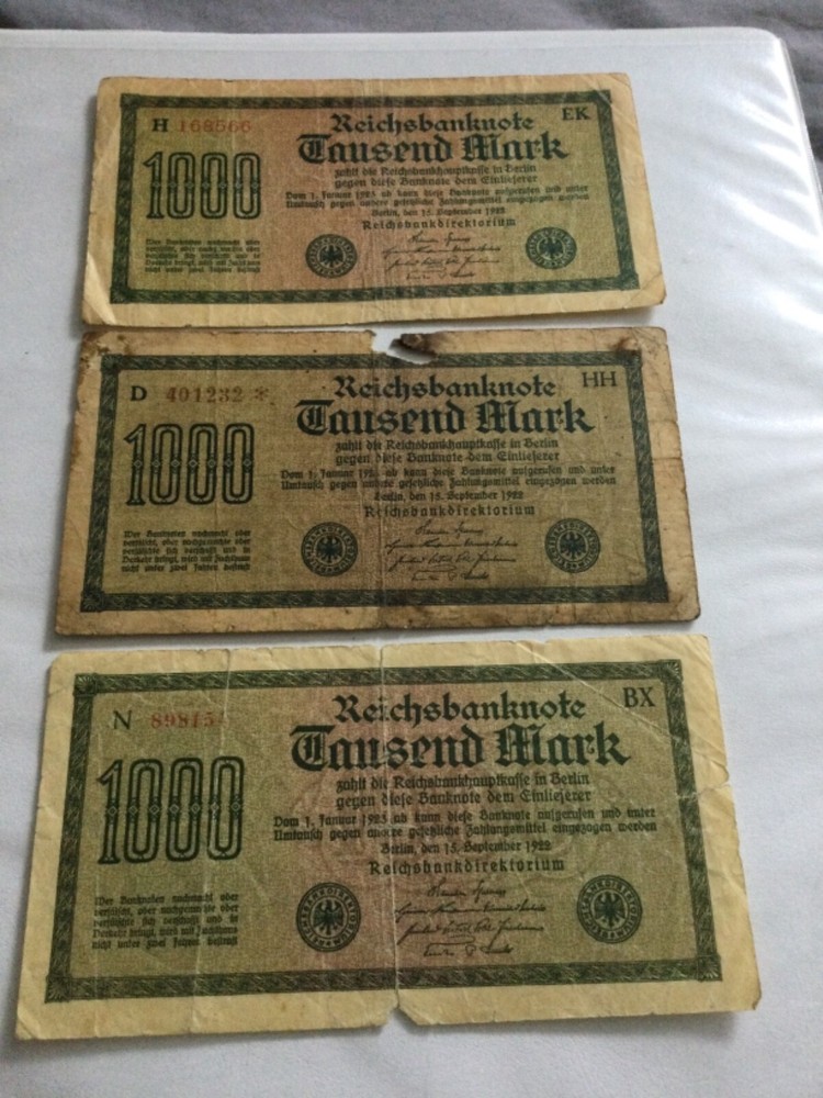 3 x 1,000 Germany Marks banknote dated 15/9/22