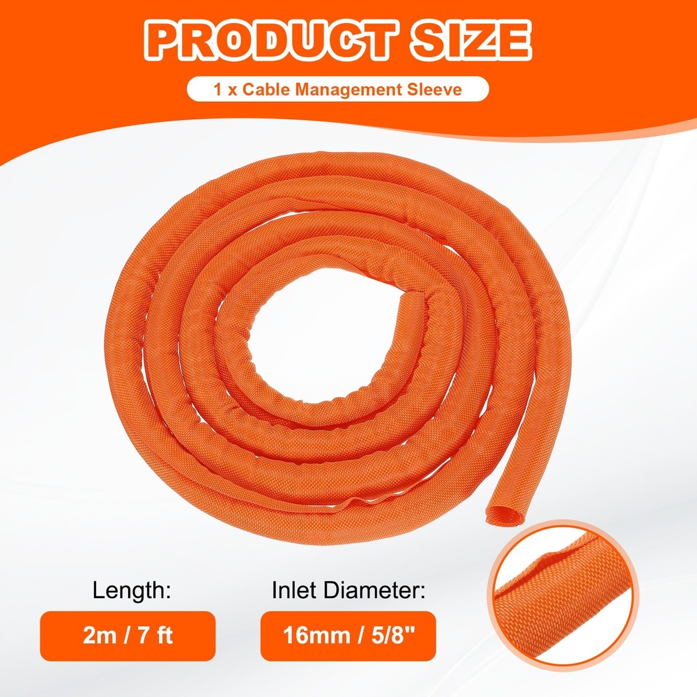 Wire Split Braided Cable Management Sleeve, Orange (5/8" - 7 Feet)