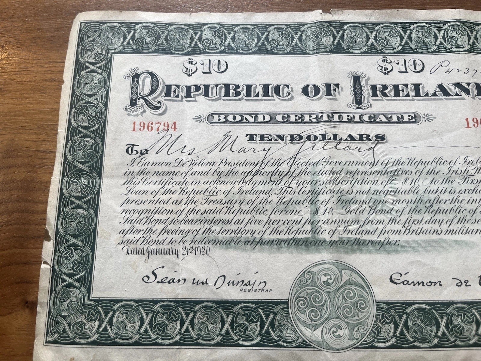 Republic Of Ireland 1920 $10 Bond