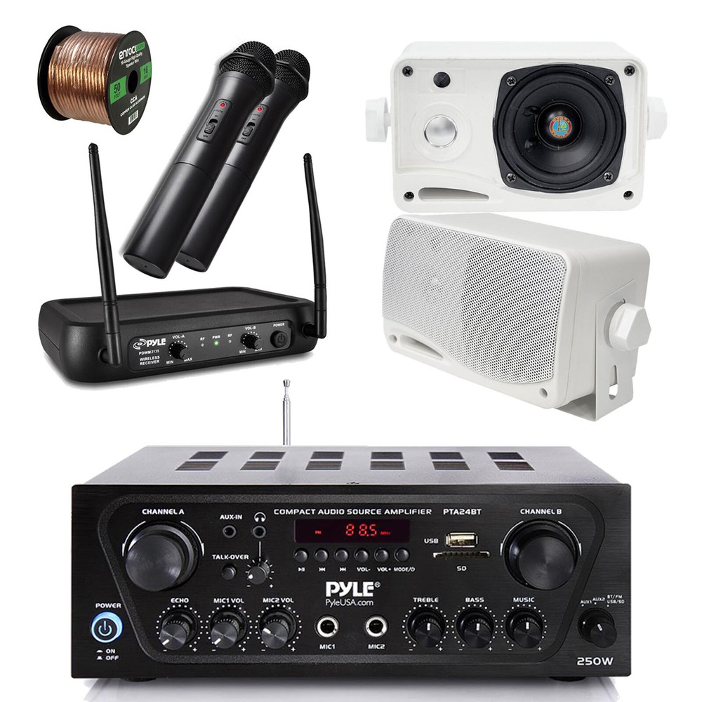 Wireless Bluetooth Receiver, Microphone Set, 2x Waterproof White Speakers, Wire