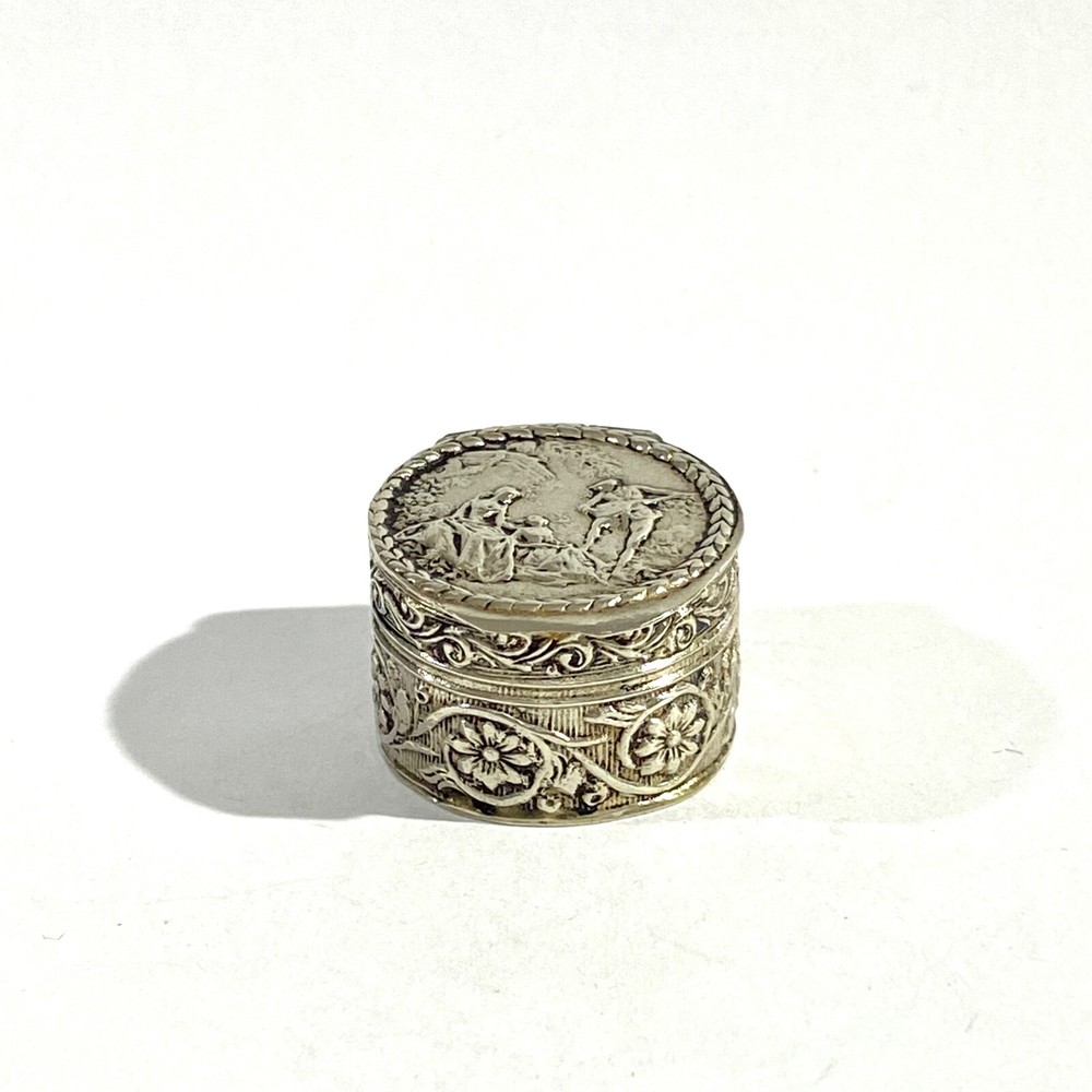 Antique Solid Silver Italian miniature Pillbox , Hallmarked with romantic scene