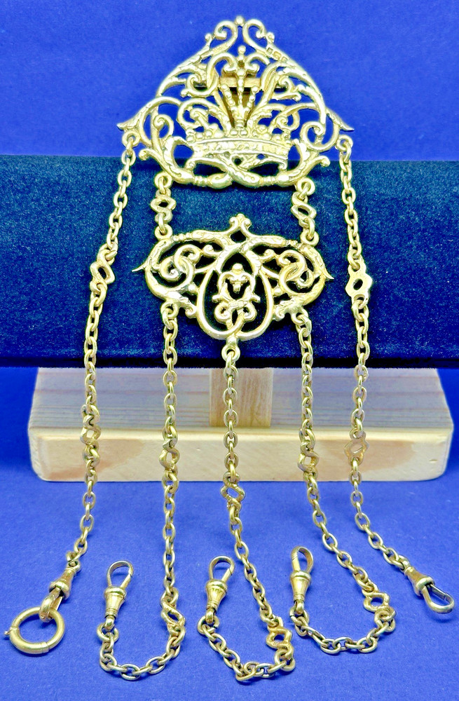 EXCELLENT VICTORIAN 5 STRAND SOLID SILVER GILT CHATELAINE BY HENRY MATTHEWS 1900