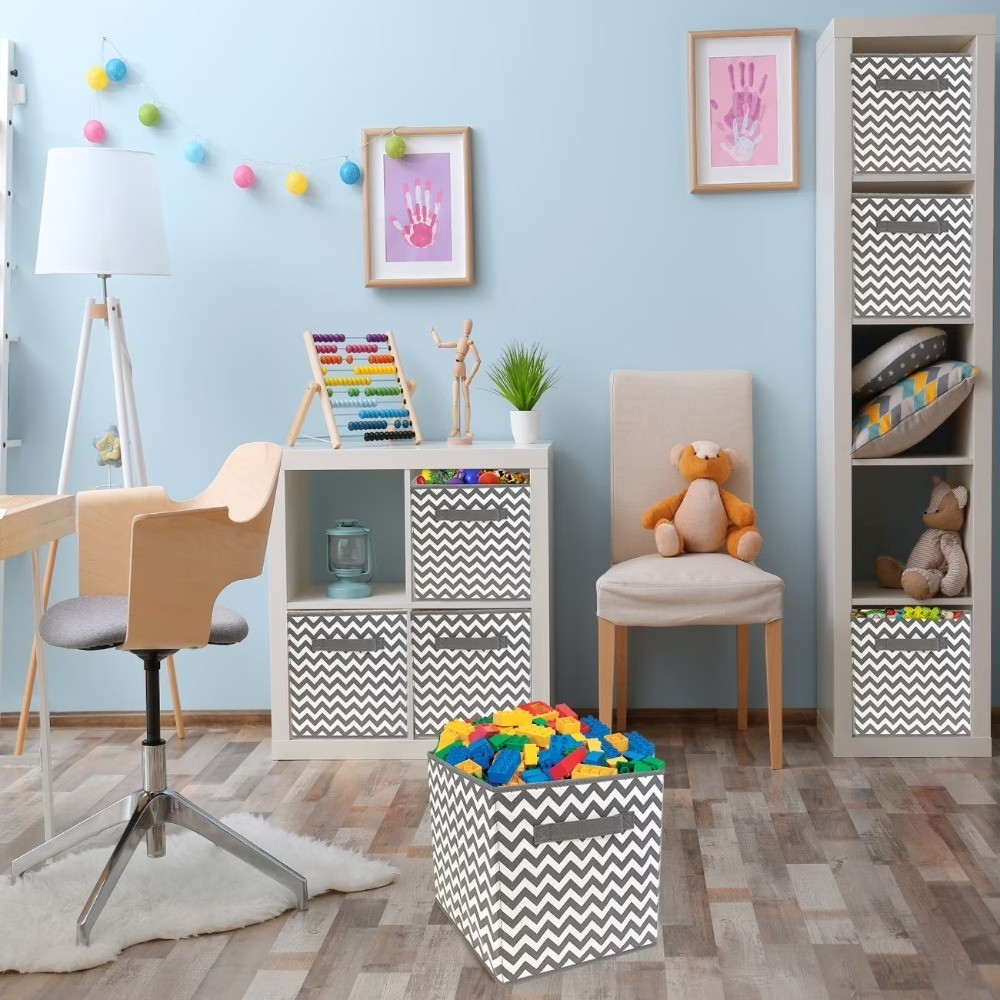 Collapsible Fabric Storage Cube Bin 10.5x10.5 Inch, Gray Chevron Pattern