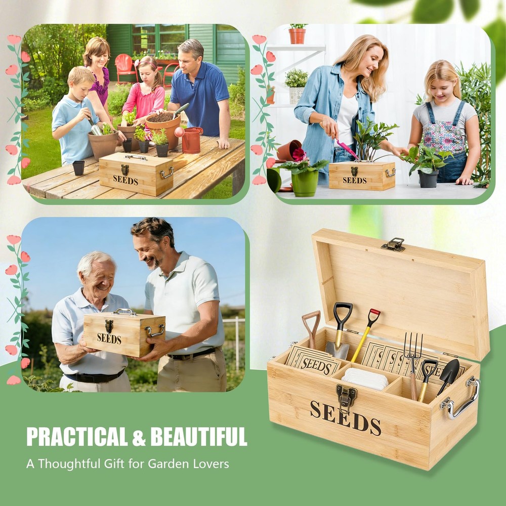 Seed Storage Organizer Box, Double-Layer Seal Design Bamboo Seed Saving Box w...