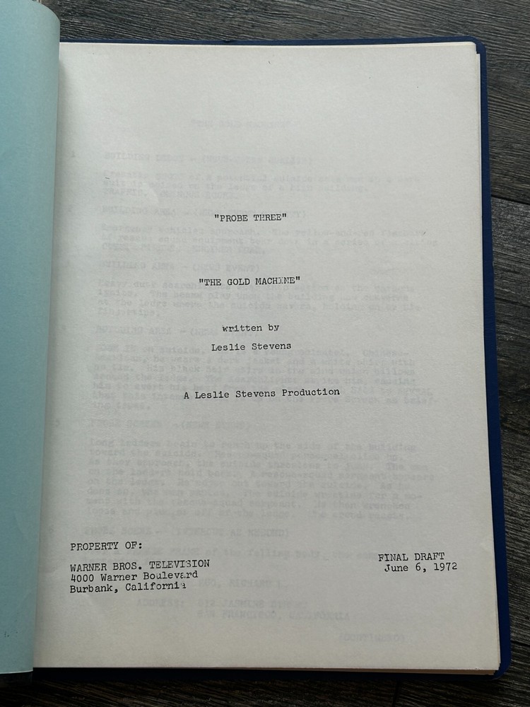 PROBE TV Show Script The Gold Machine Final Draft June 6 1972 Leslie Stevens