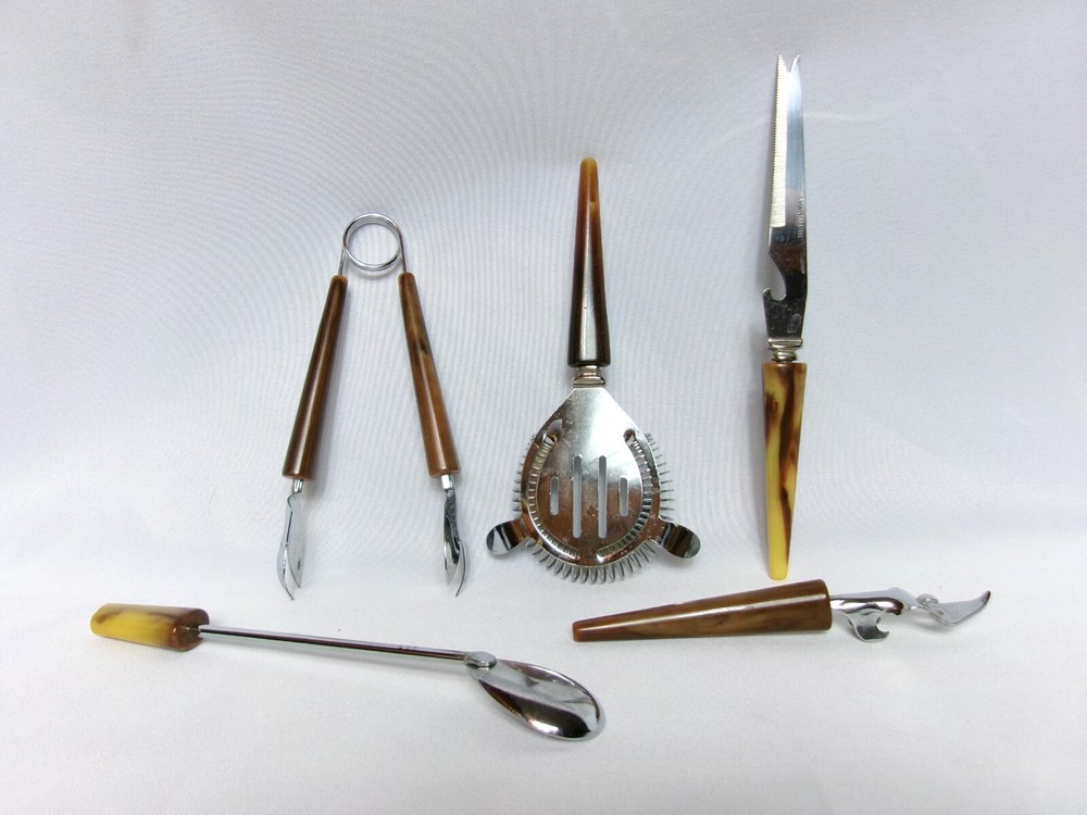 Set/5 - MCM Vintage Marbled BAKELITE Handled Barware Tool Set - EUC