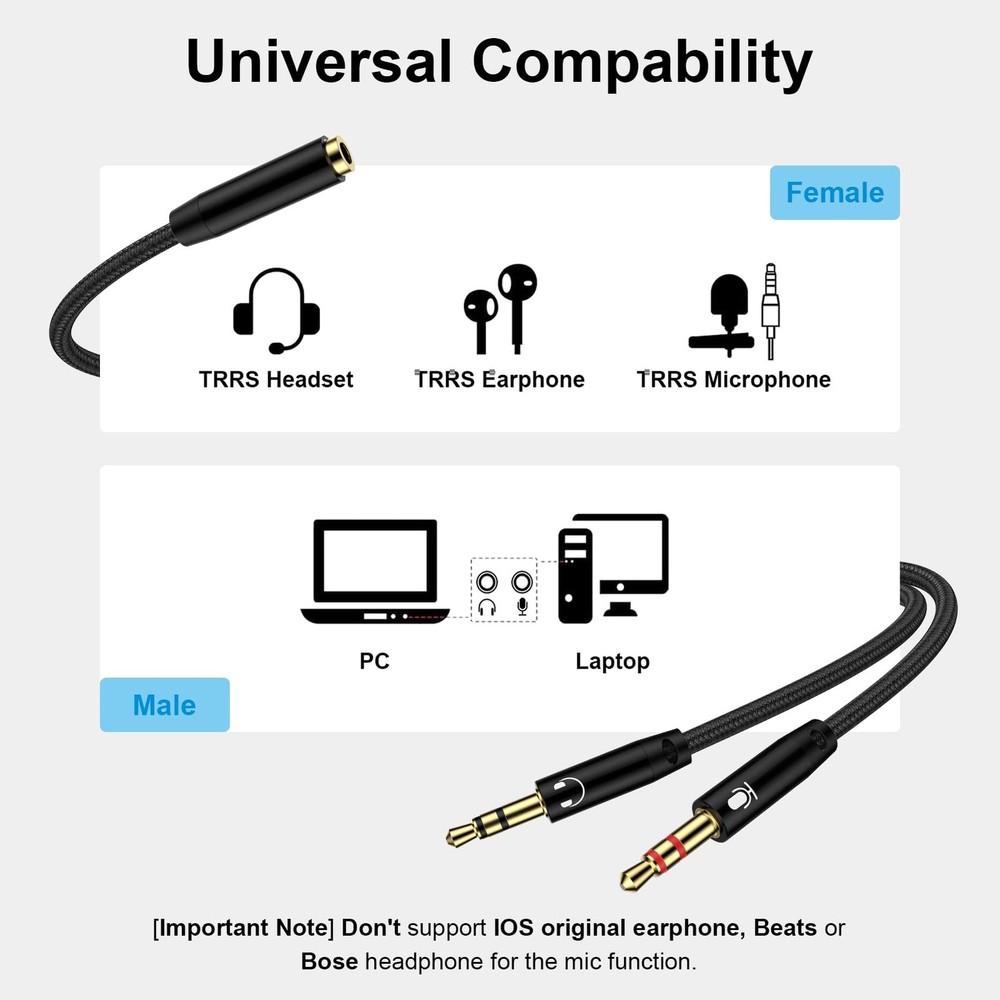 PC Headset Splitter Cable 3.5mm Mic AUX Audio Computer Headphone Black